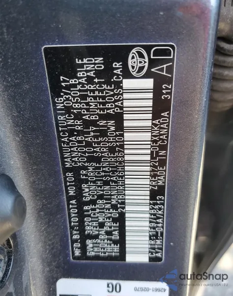 2017 Toyota Corolla L z USA, uszkodzony, nr VIN 2T1BURHE6HC867101